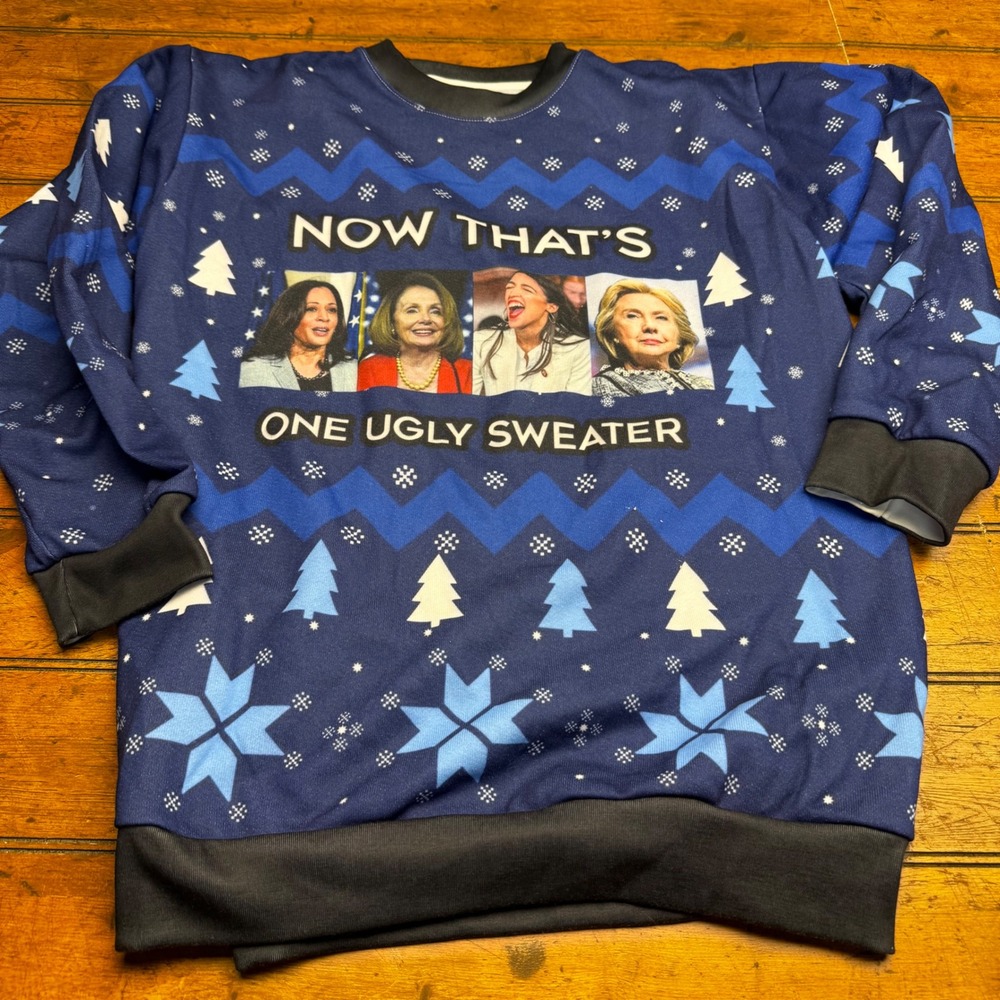 Funny Political‎ Satire Ugly Christmas Sweater Sweatshirt Navy Blue Mens Large